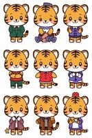 A set of cartoon tiger characters with different poses vector