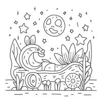 A coloring page with a fish and a moon vector