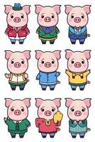 A set of pig characters in different outfits vector