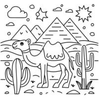 Camel in the desert coloring page vector