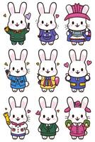 A set of cartoon rabbits in different outfits vector