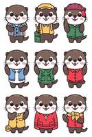 Otter in different clothes and hats vector