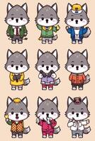 A set of cartoon wolf characters in different outfits vector
