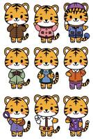 A set of cartoon tiger characters in different outfits vector