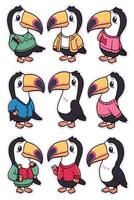 A set of stickers with toucans in different outfits vector
