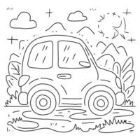Car coloring page with mountains and trees vector