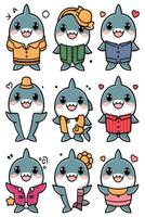 Cute cartoon shark characters set of stickers vector