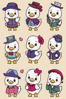 A set of cartoon ducks wearing different clothes vector