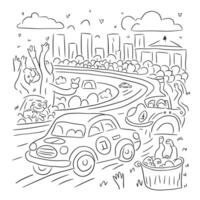 A coloring page with a car driving down the road vector