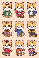 A set of cartoon cat characters in different outfits vector
