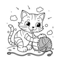 A cat playing with a ball of yarn coloring page vector