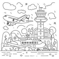 Airport coloring page with airplane and tower vector