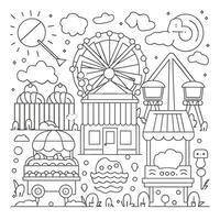 Amusement park coloring page with a ferris wheel and other items vector