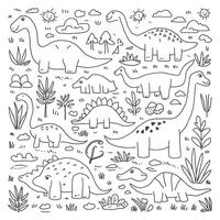 Dinosaur coloring page with a variety of dinosaurs vector