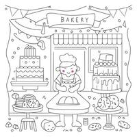 A coloring page with a bakery scene vector