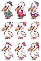 A set of cartoon pelicans with different outfits vector