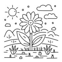 A coloring page with a flower and sun vector