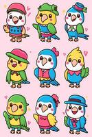 A set of cartoon birds with different hats and outfits vector