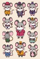 A set of cartoon mice in various outfits vector