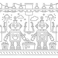 A robot is standing in front of a machine vector