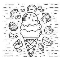Ice cream with various items in a waffle cone vector