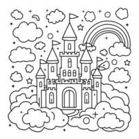 A castle coloring page with clouds and stars vector