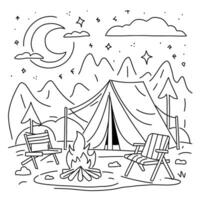 A camping tent and chairs are shown in this coloring page vector