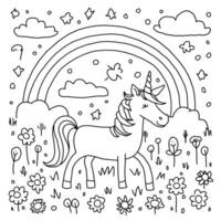 A coloring page with a unicorn and rainbow vector