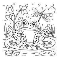A coloring page with a frog and dragonfly vector