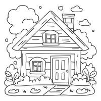 A cartoon house with trees and bushes on the ground vector