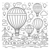 A coloring page with hot air balloons and other objects vector