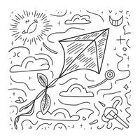 A coloring page with a kite and other items vector