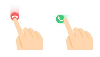 Two hands demonstrating a phone call interface with green and red buttons for answering and rejecting calls vector