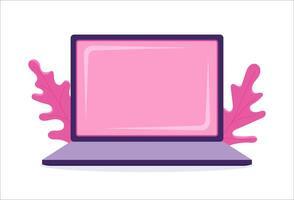 A vibrant laptop surrounded by playful coral shapes, blending technology with a touch of underwater whimsy in a bright design vector
