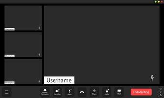 Virtual meeting room with empty participant slots and user interface elements displayed on a dark background vector