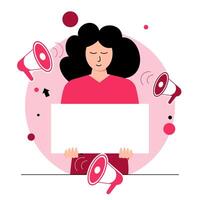 A woman holds a blank sign surrounded by loudspeakers, symbolizing expression in a vibrant and creative setting vector