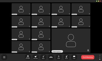 Virtual meeting grid showcasing multiple participants engaged in a remote conference from various locations during the evening vector