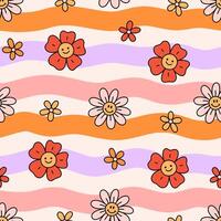 Retro seamless pattern with groovy happy flowers daisies. Colorful background with wavy stripes in warm color palette. Design in vintage style 60s 70s vector