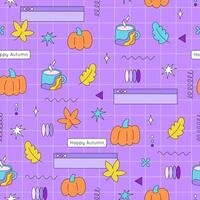 Autumn seamless pattern in flat neo brutalism design. Background of cyber aesthetic geometric shapes and fall decor vector