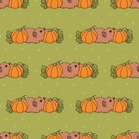 Seamless pattern with cozy animal capybara and with pumpkins. Funny cartoon character relaxing at fall season. Autumn Background vector