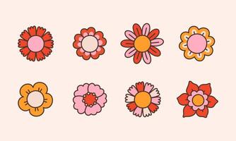 Retro set with different flowers. Colorful illustration isolated on white background in vintage style. 70s 60s nostalgic design elements vector