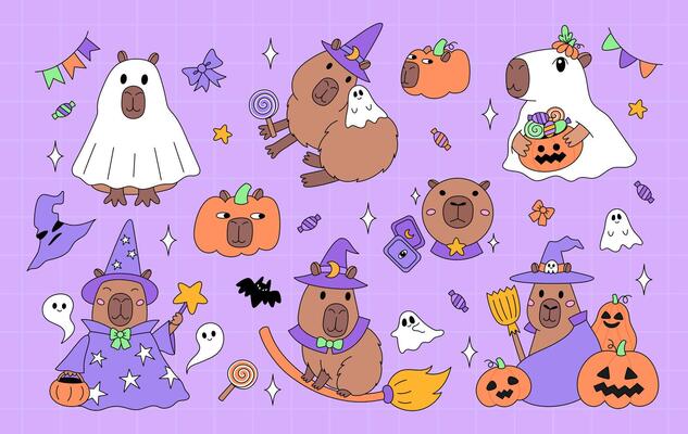Happy Halloween clip art set. Funny animal capybara wizard characters, ghost, pumpkin, wizard hat, fortune ball, tarot cards, candy, bat, garland. Design elements collection for October holiday