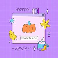 Autumn frame in flat neo brutalism design. Banner with cyber aesthetic geometric shapes and fall decor. Retro pc design desktop windows. Illustration for social media or marketing material vector