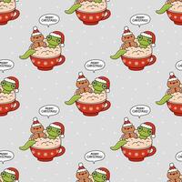 Seamless pattern with green snake in Santa hat and gingerbread man cookie in mug with winter holiday spiced drink. Xmas festive print with cartoon characters for packaging, home decor vector