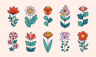Retro set with different flowers. Colorful illustration isolated on beige background in vintage style. 70s 60s groovy elements for poster, card, t-shirt print vector