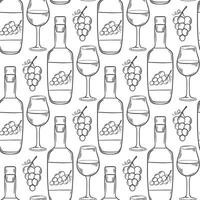 Wine bottle, glasses and grapes seamless pattern in doodle style vector