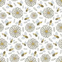 Honey bees and chamomile flowers seamless pattern vector