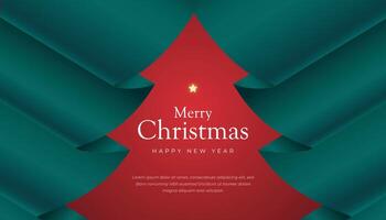 Creative Christmas and New Year's Eve background with green folded paper style Christmas tree on a red background. vector