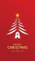 Creative Christmas and New Year's Eve background with paper cut style Christmas tree on red background. vector