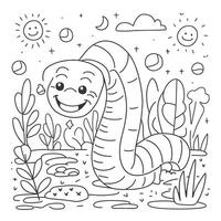 A coloring page with a worm in the grass vector